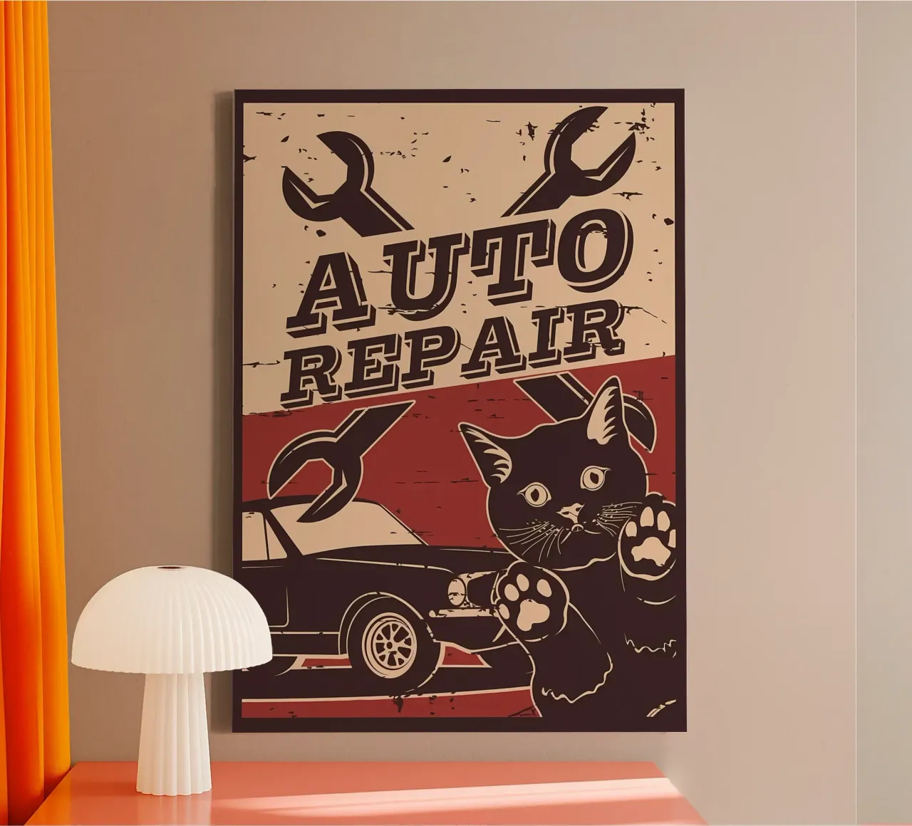 Retro Cat and Garage 6 canvas by Monique A Hooper