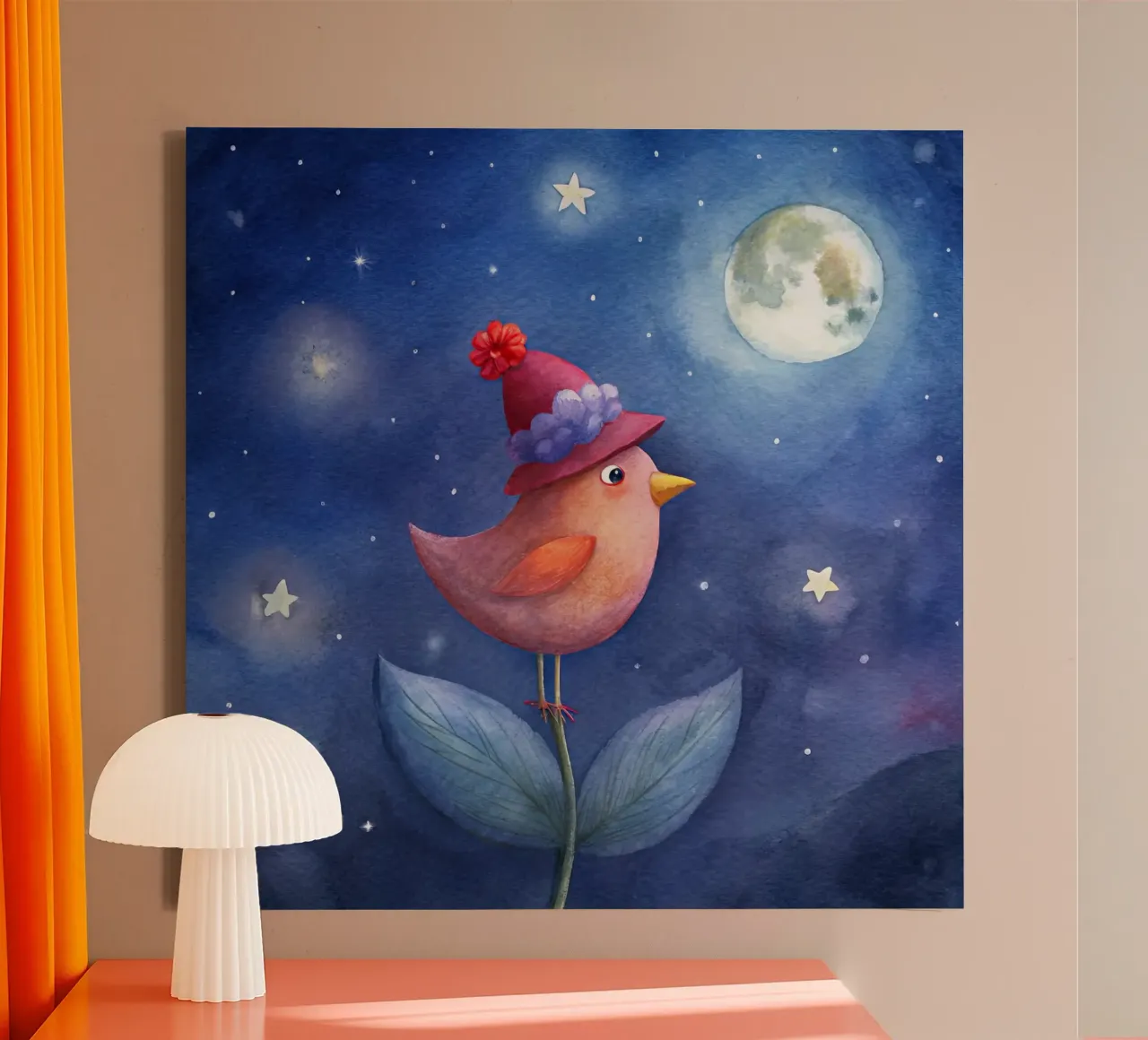 L'uccellino e la luna tela con Cornice a cassetta da 🎁 ARTVI-SHOP