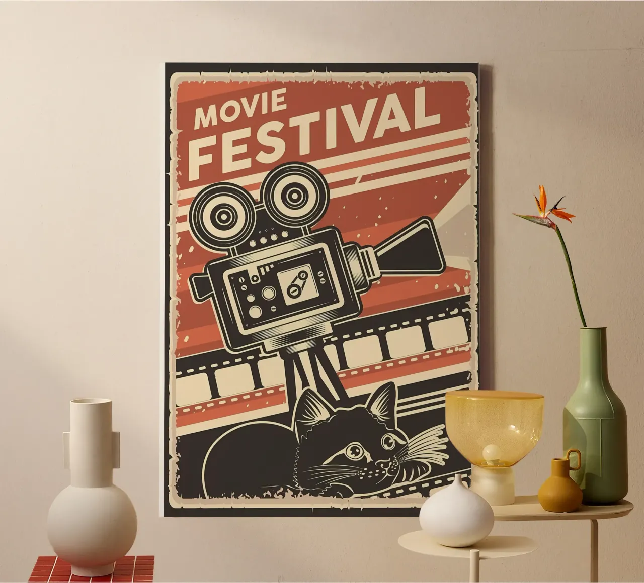 Retro Cat Movie festival tela con Cornice a cassetta da Monique A Hooper