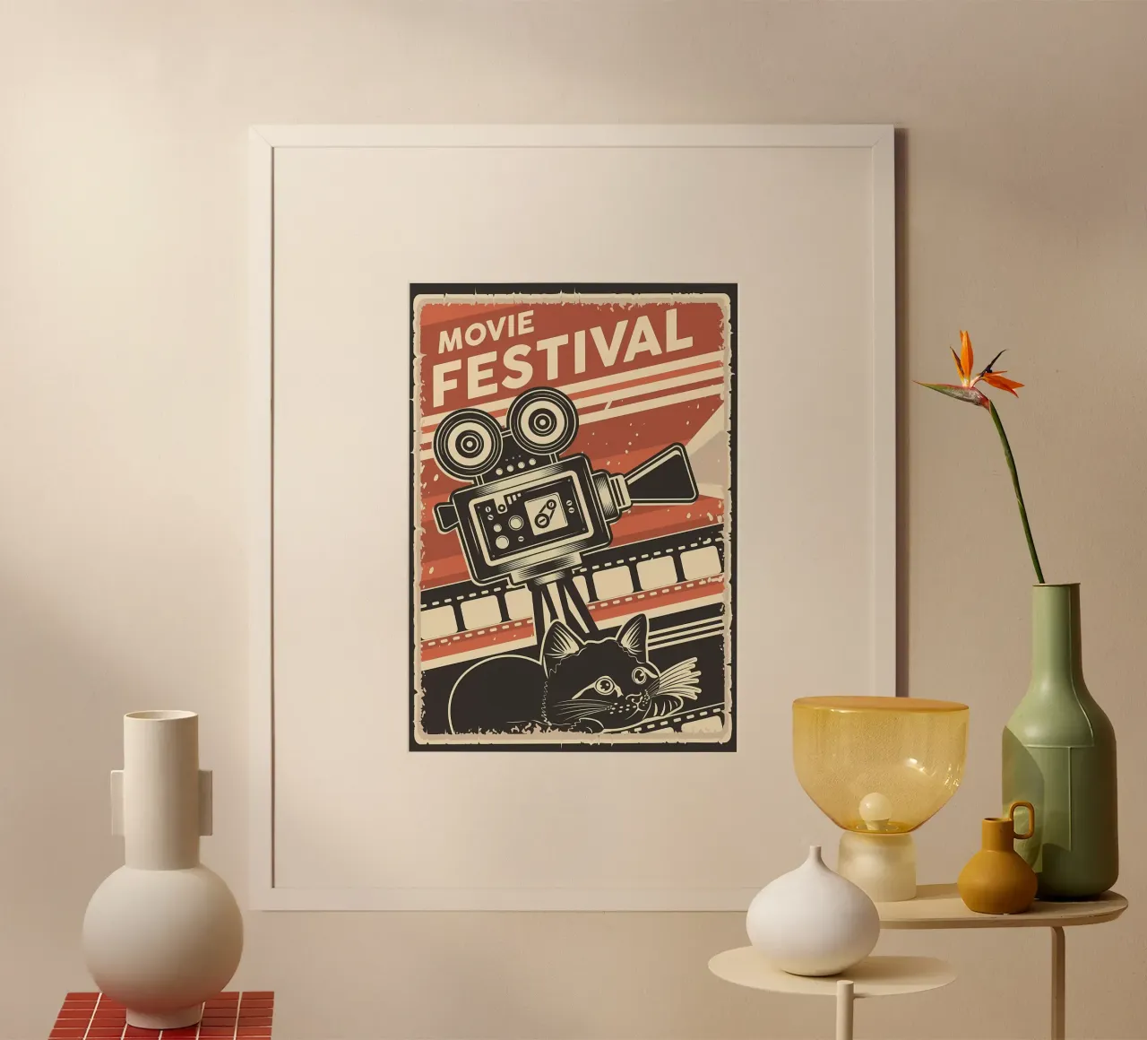 Retro Cat Movie festival poster con telaio in legno da Monique A Hooper