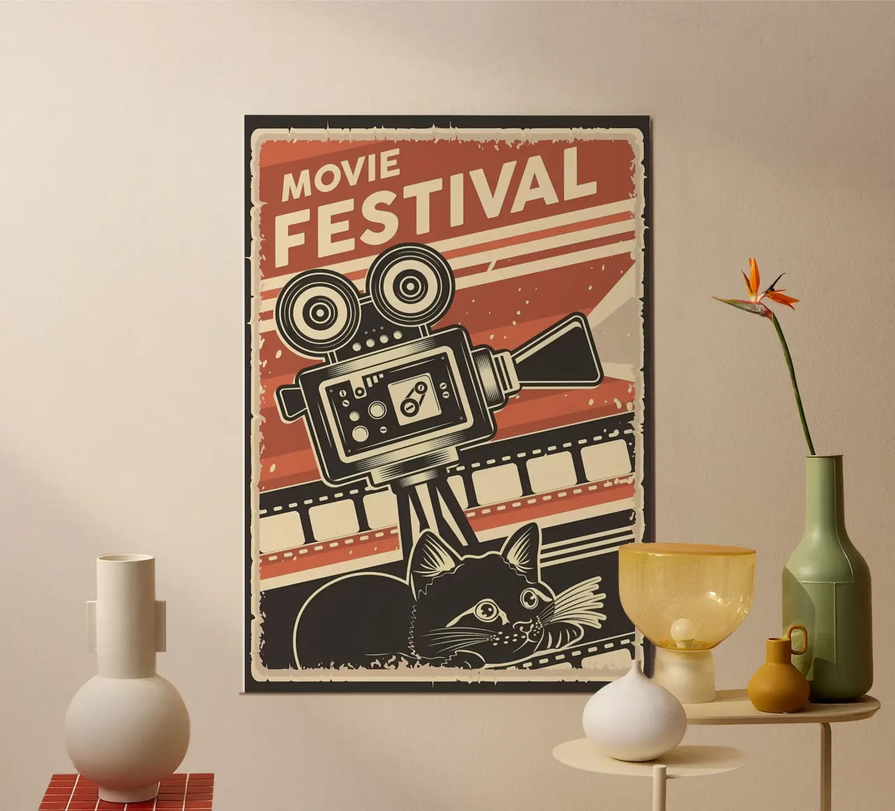 Retro Cat Movie festival poster con telaio in legno da Monique A Hooper