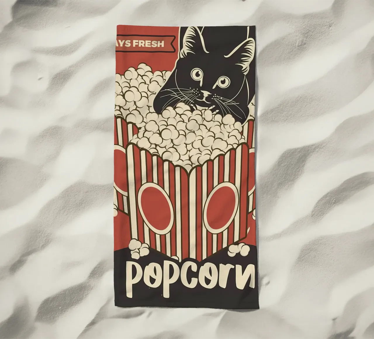 Retro Cat Popcorn Lover beach towel by Monique A Hooper