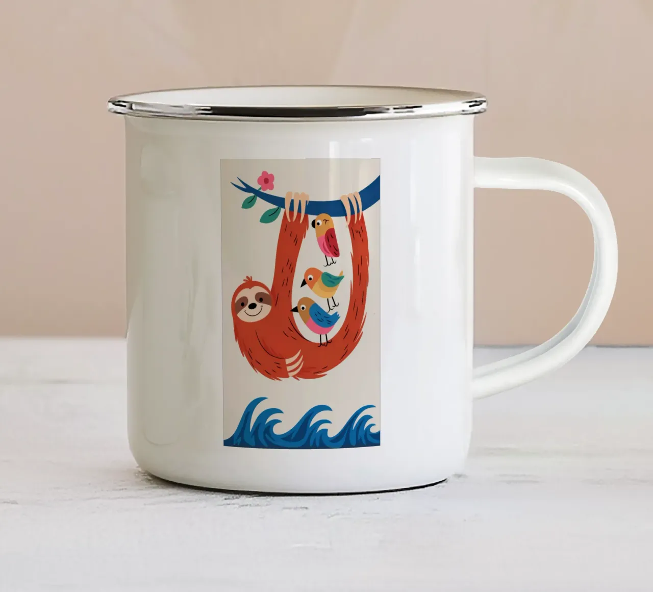 Pereza con pájaros taza de esmalte de Seren Liodra