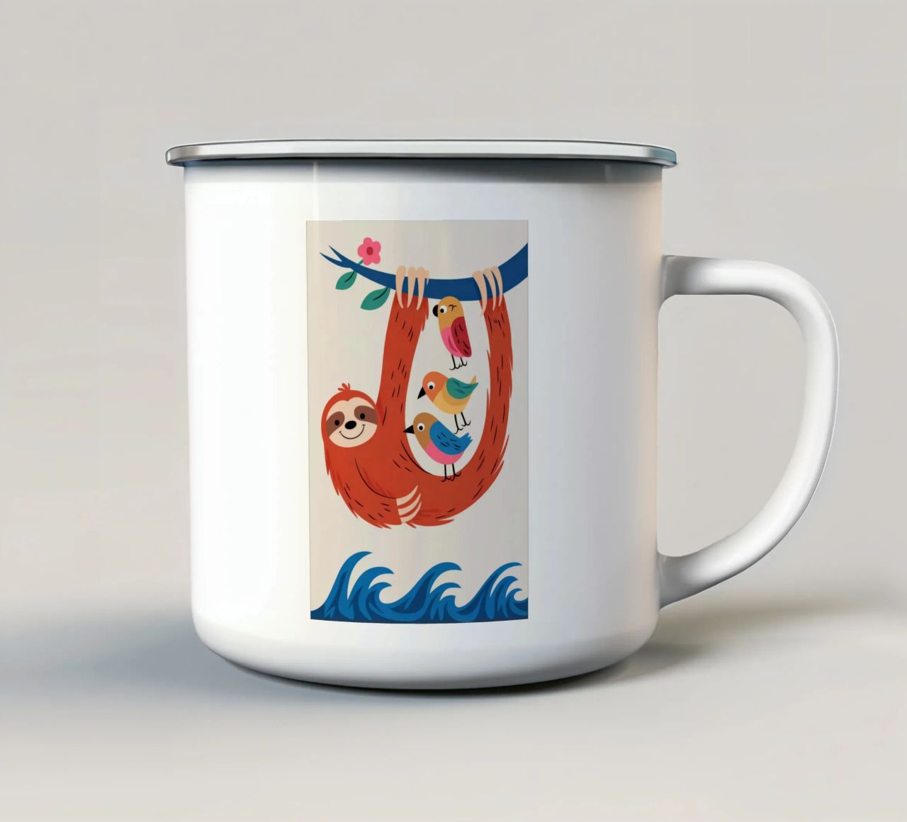 Bradipo con uccelli tazza in smalto da Seren Liodra