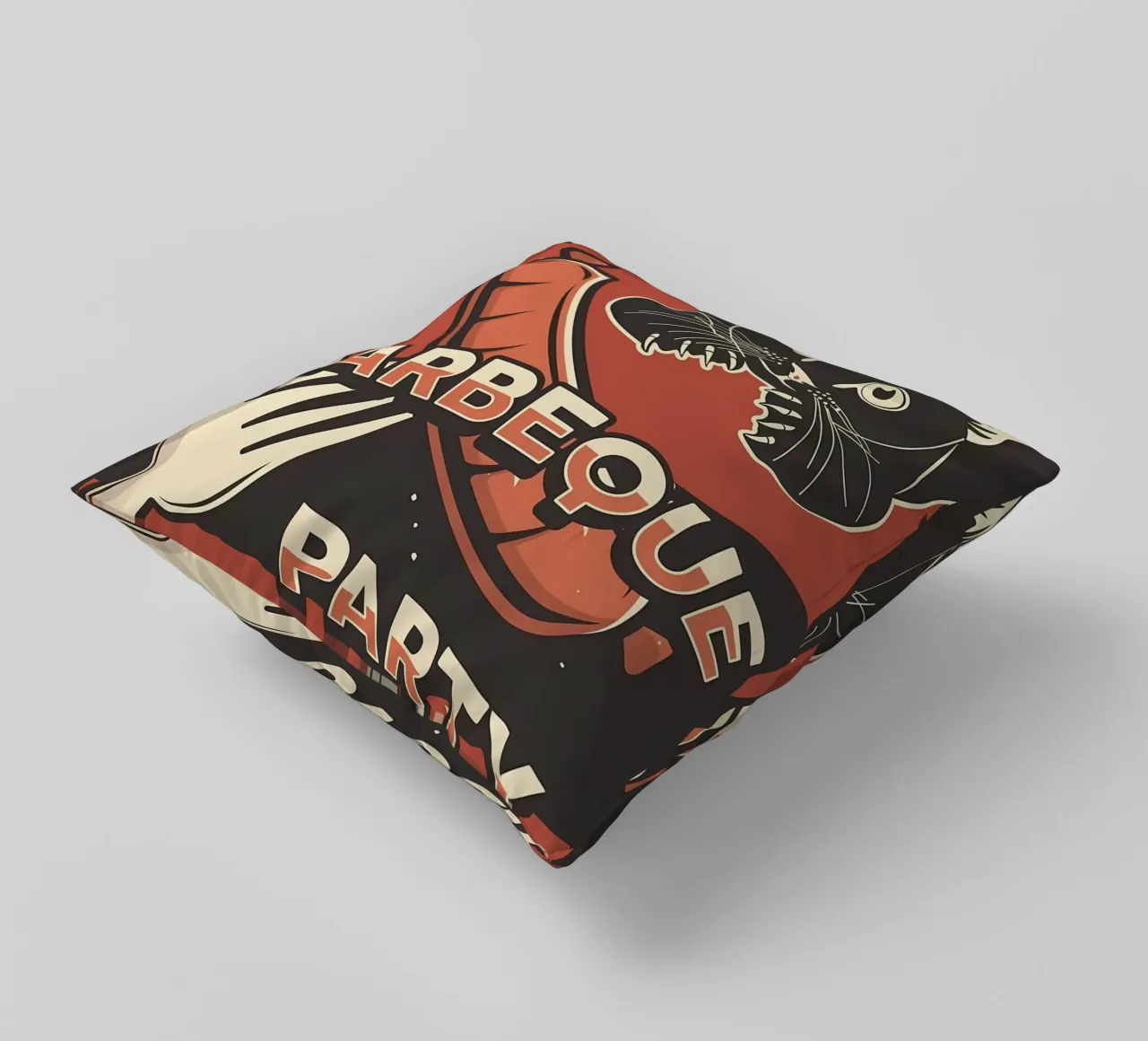 Barbeque party cat decorative cushion by Monique A Hooper