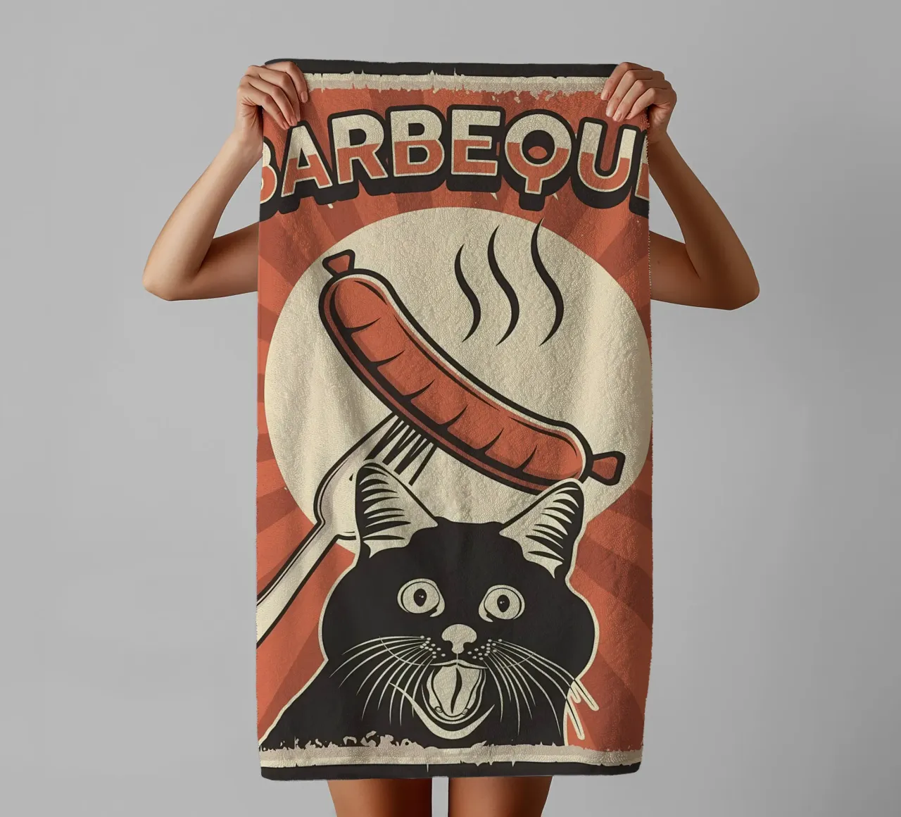 Funny Barbeque party cat towel by Monique A Hooper