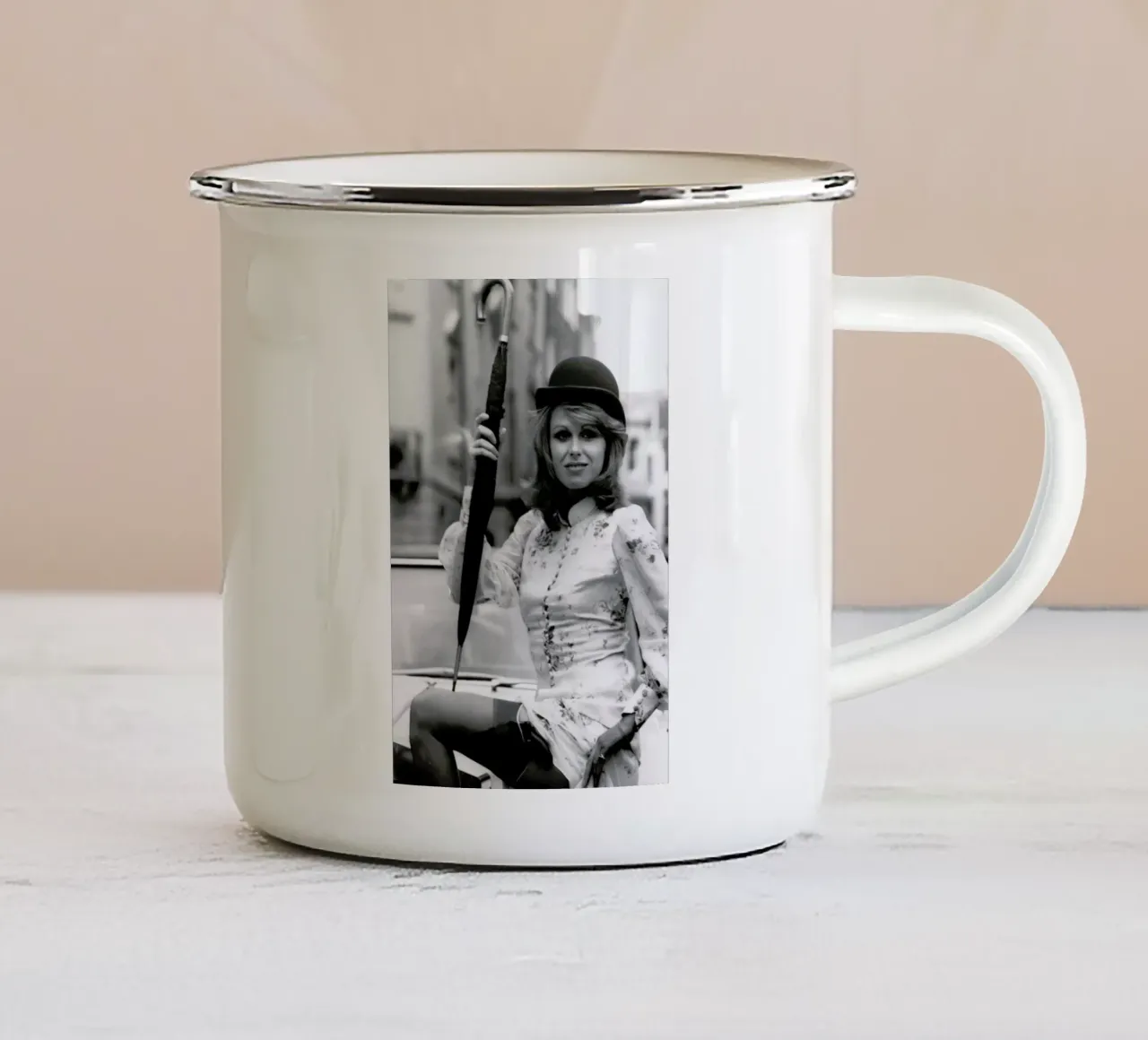 Joanna Lumley as the new 'Avengers' girl enamel mug by Gallery Print and Art Limited