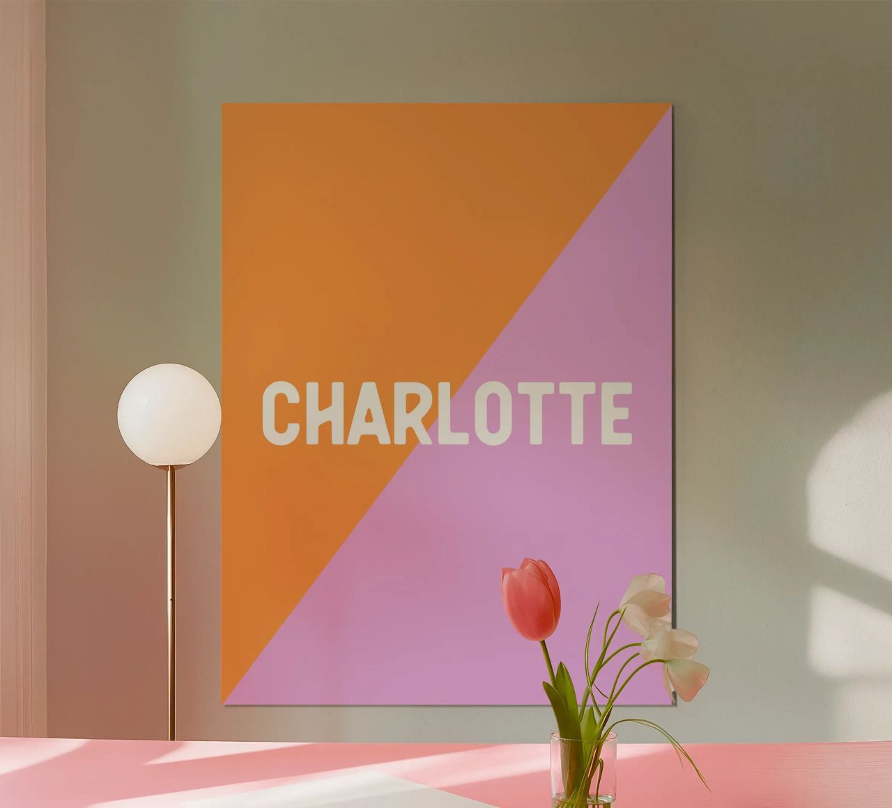 Diagonal orange rosa poster with wooden frame by All Colours