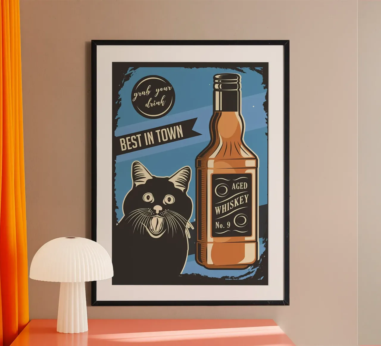 Gatto Whisky meme poster con telaio in alluminio da Monique A Hooper