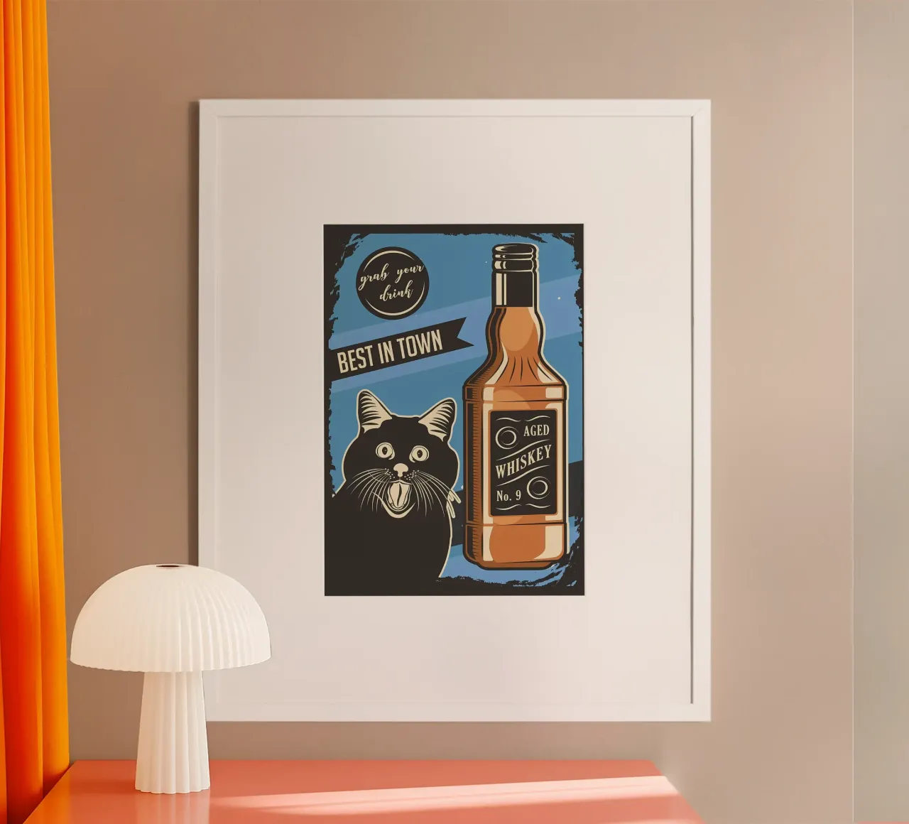 Gatto Whisky meme poster con telaio in alluminio da Monique A Hooper