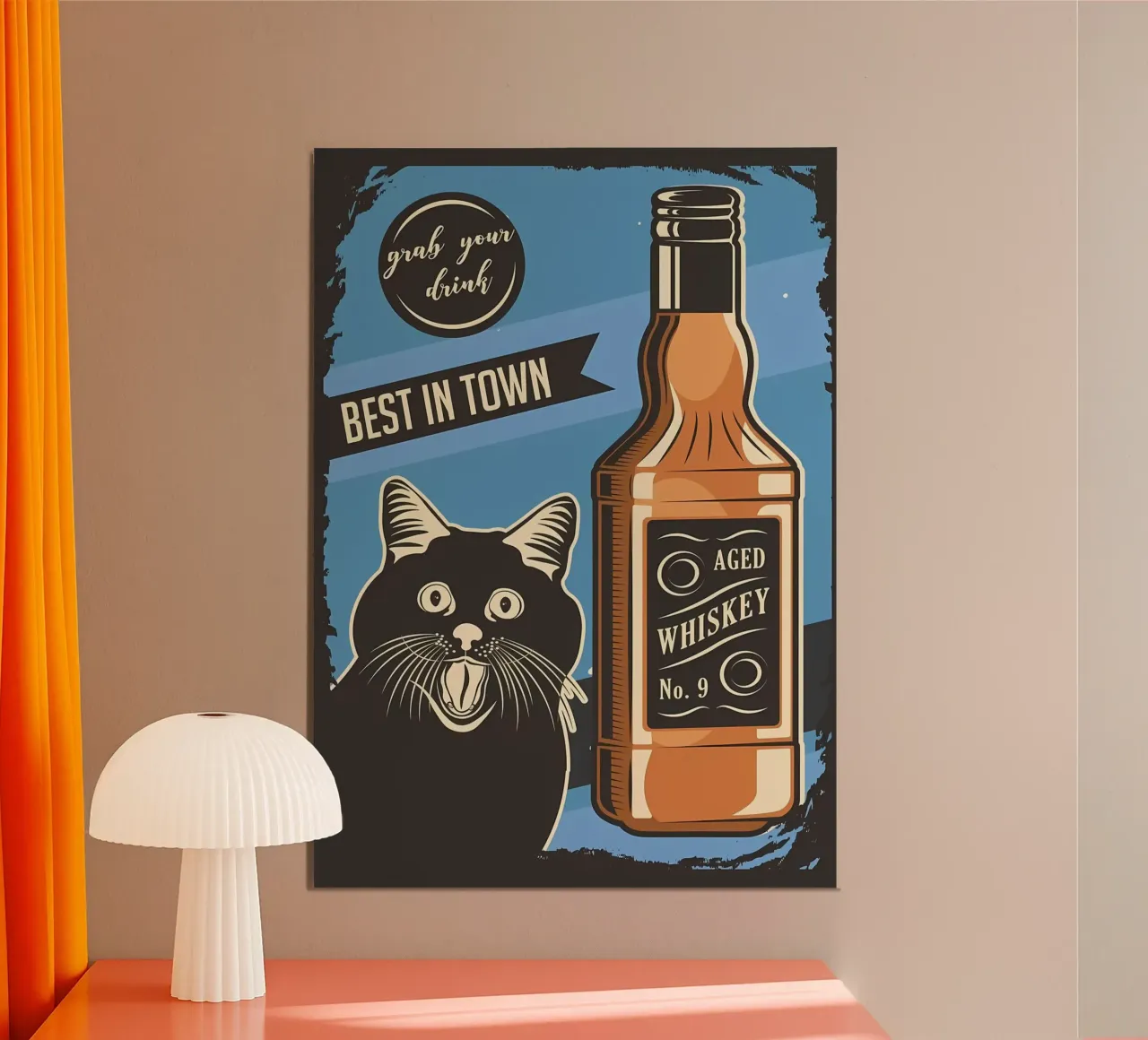 Gatto Whisky meme poster con telaio in alluminio da Monique A Hooper