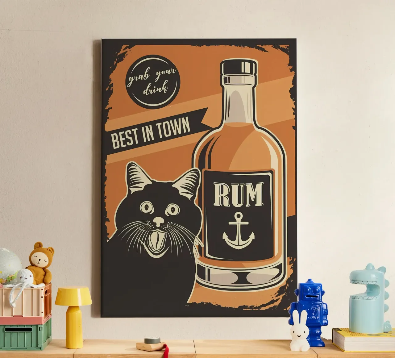 Gatto Rum meme tela con Cornice a cassetta da Monique A Hooper