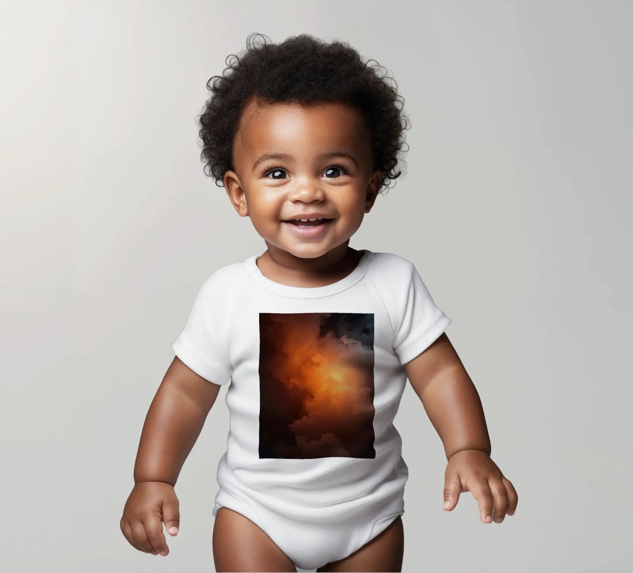 clouds with warm orange glow create a captivating background short-sleeve baby romper by DesignDoodle
