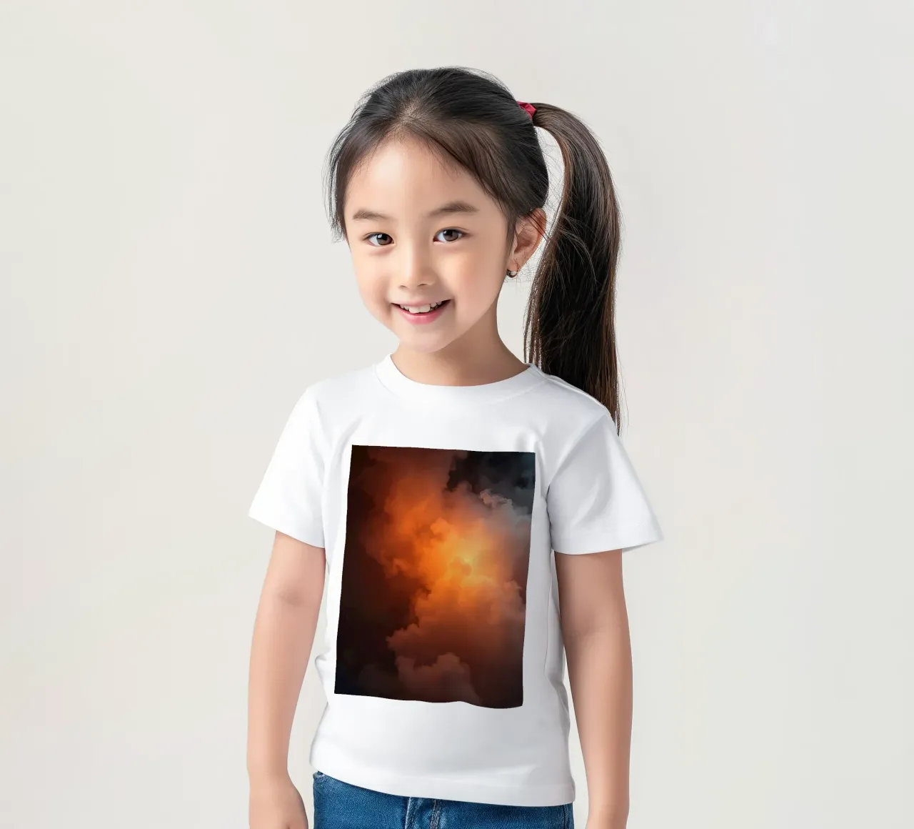 clouds with warm orange glow create a captivating background kids t-shirt by DesignDoodle