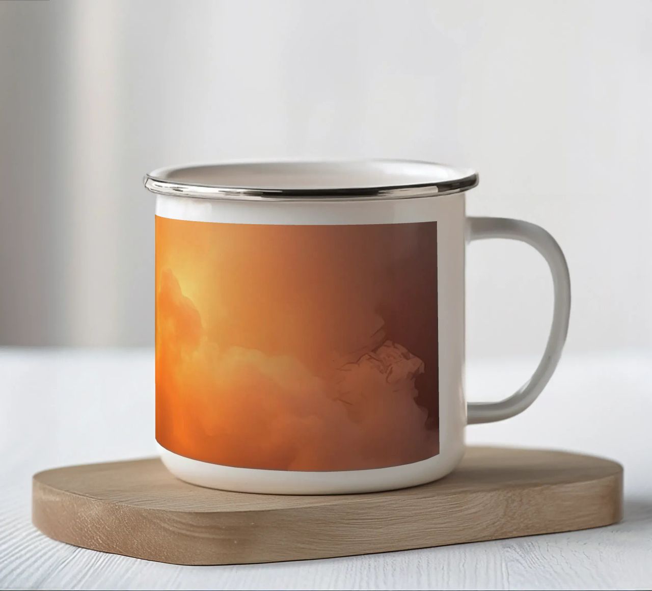 clouds with warm orange glow create a captivating background enamel mug by DesignDoodle