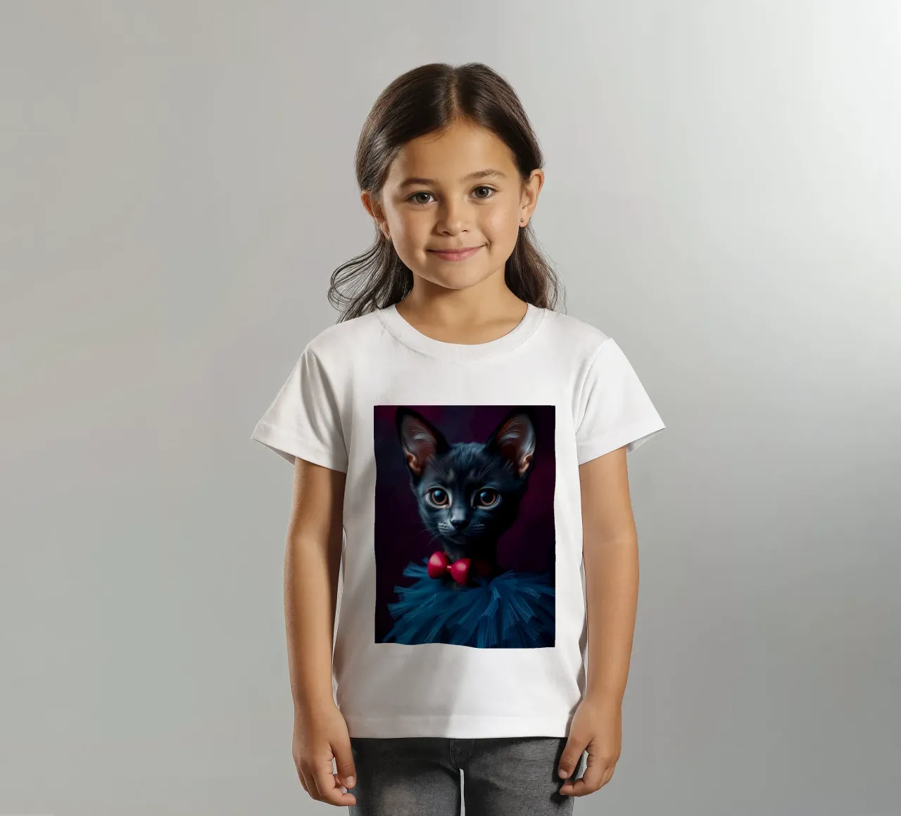 Cute black cat in a blue tutu with a red bow tie kids t-shirt by DesignDoodle