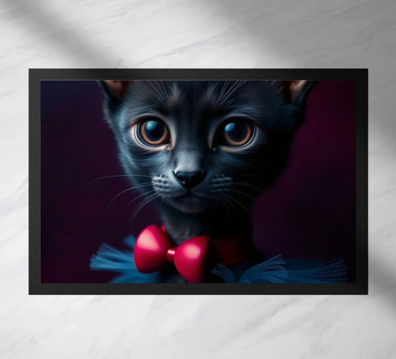 Simpatico gatto nero in tutù blu con papillon rosso zerbino da DesignDoodle