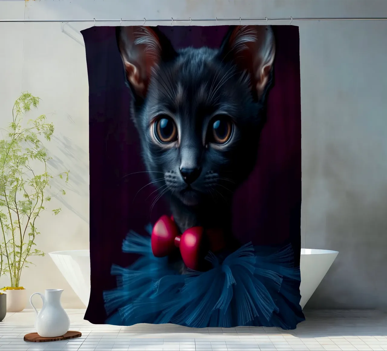 Cute black cat in a blue tutu with a red bow tie shower curtain by DesignDoodle