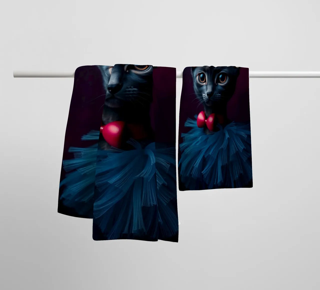 Simpatico gatto nero in tutù blu con papillon rosso asciugamano da bagno da DesignDoodle