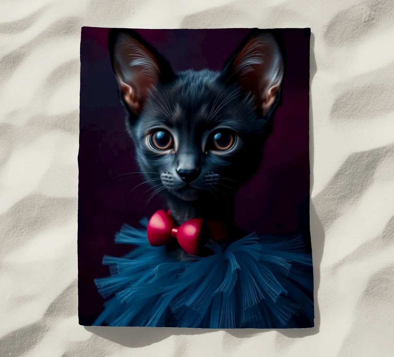 Simpatico gatto nero in tutù blu con papillon rosso telo mare da DesignDoodle