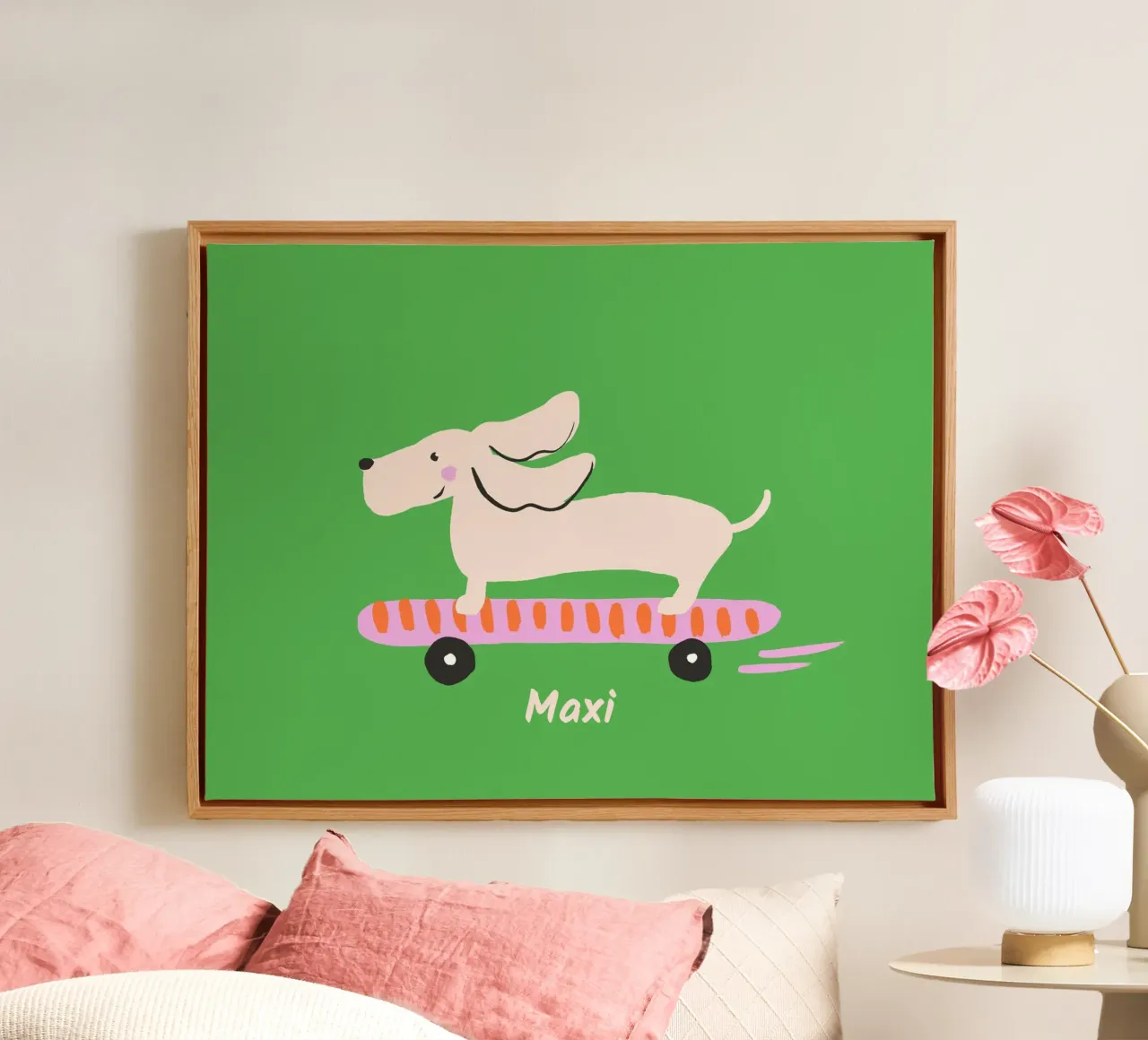 Teckel op skateboard canvas met Baklijst van All Colours