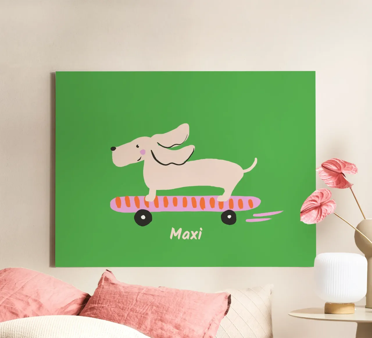Teckel op skateboard canvas met Baklijst van All Colours