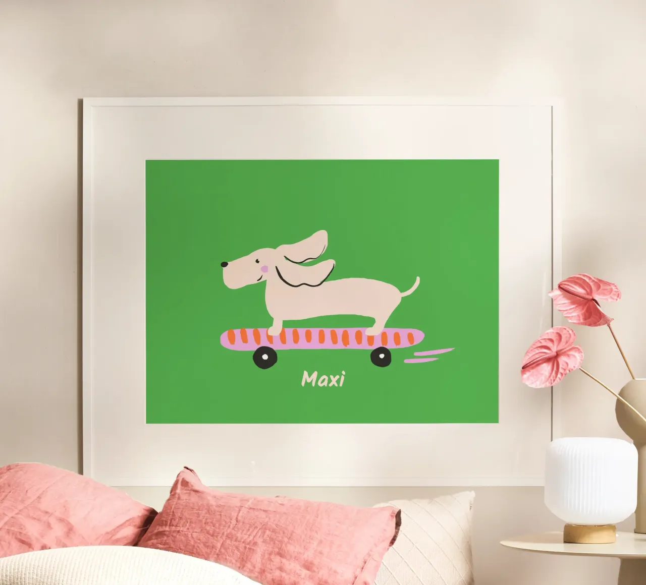 Dackel auf Skateboard Poster von All Colours