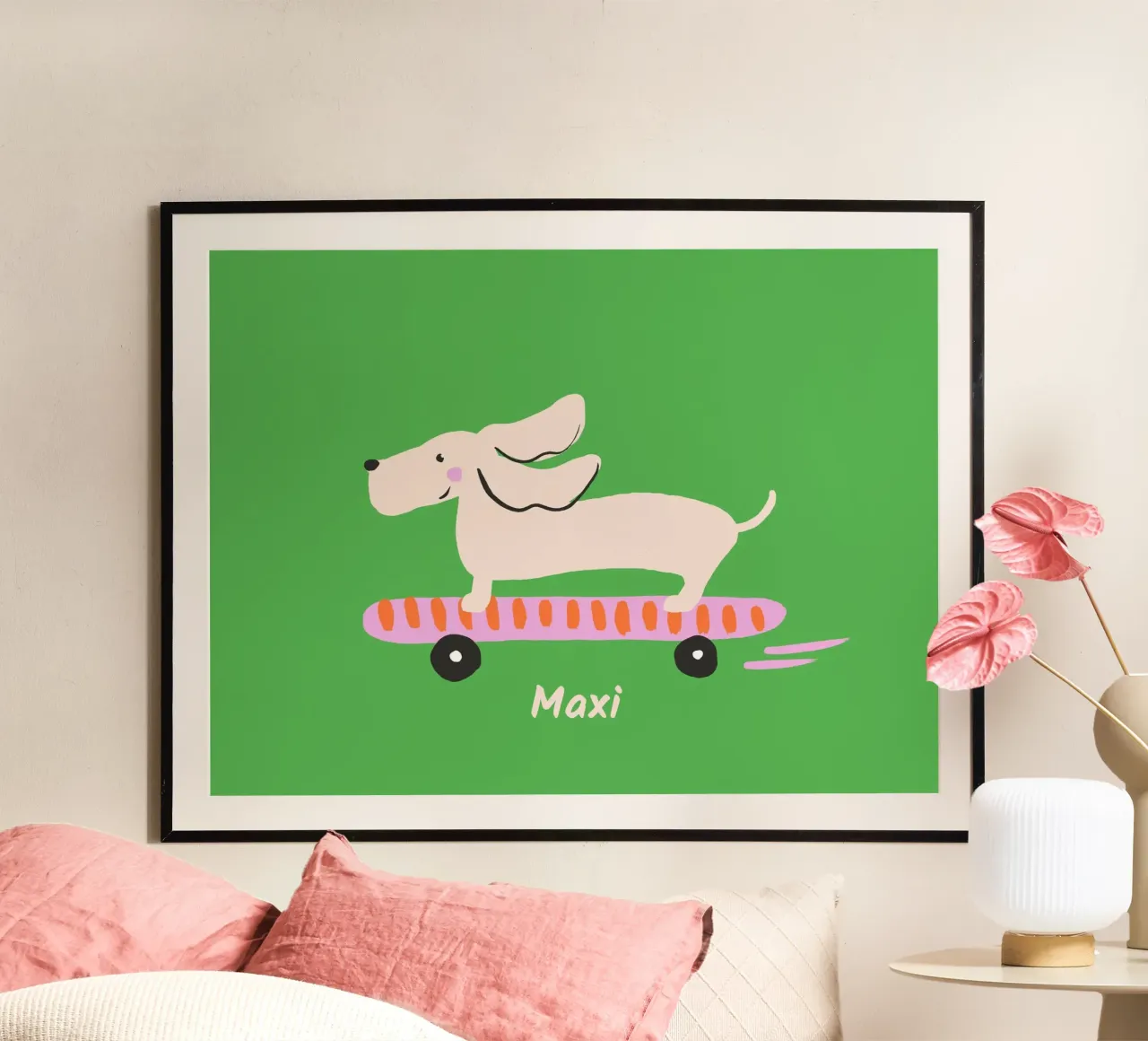Dackel auf Skateboard Poster von All Colours