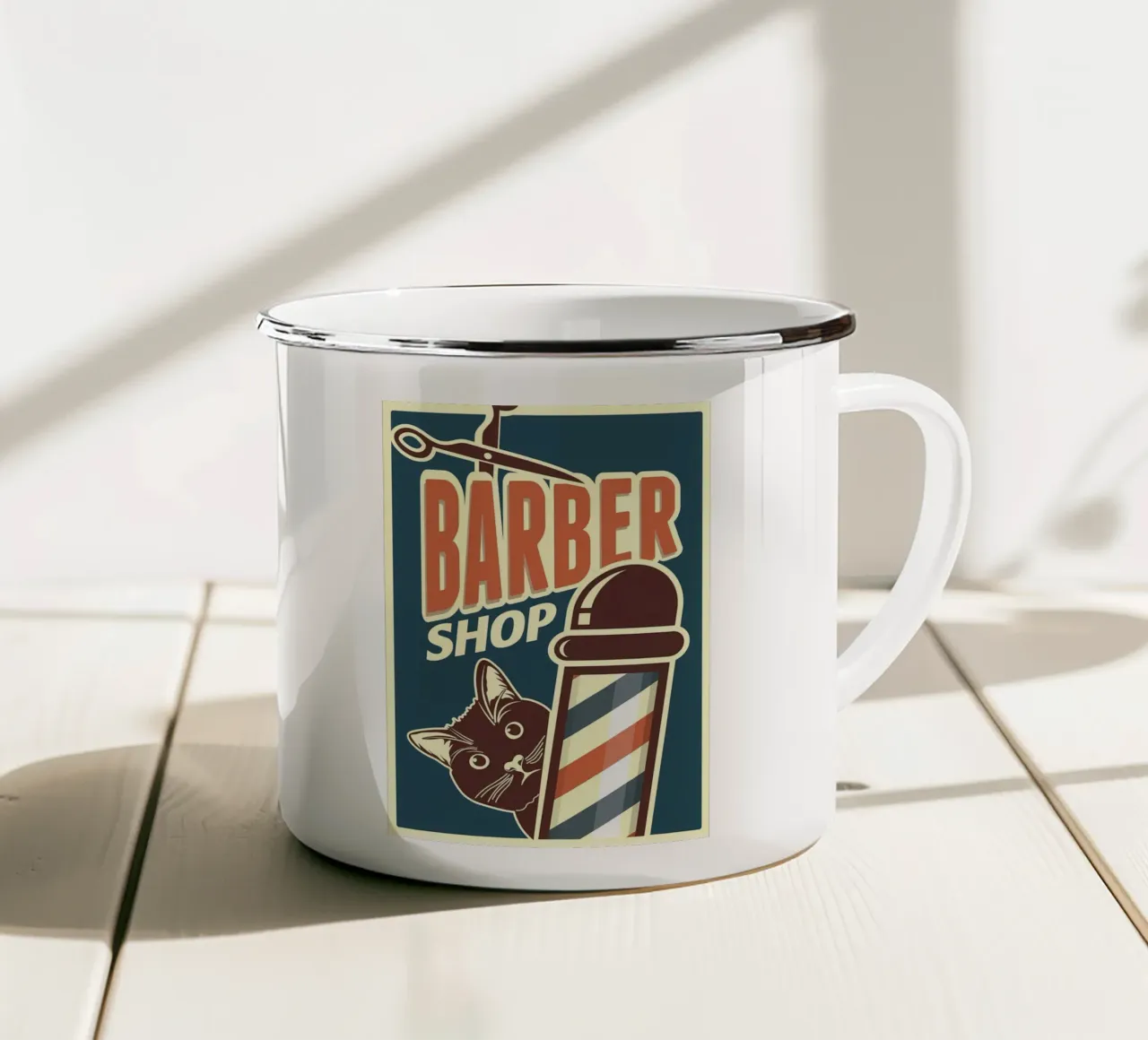 Gatto Barber Shop tazza in smalto da Monique A Hooper