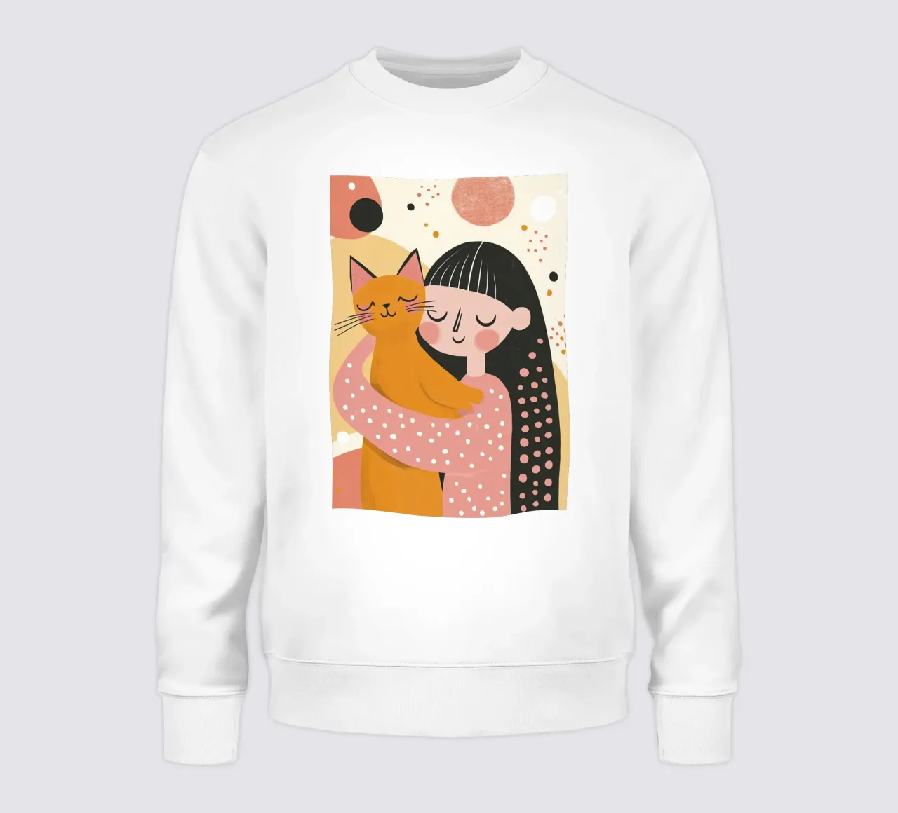 Ragazza stravagante di metà secolo con gatto arancione in rosa pastello felpa da Modern Muse