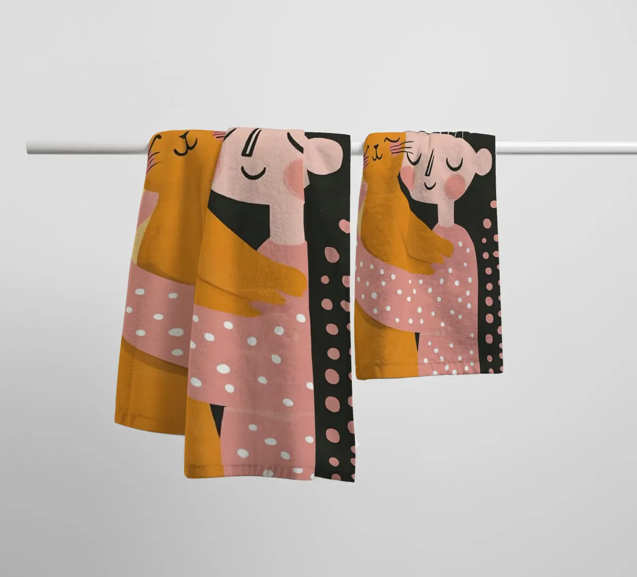 Skurriles Mädchen aus der Mitte des Jahrhunderts mit orangefarbener Katze in Pastellrosa Handtuch von Modern Muse