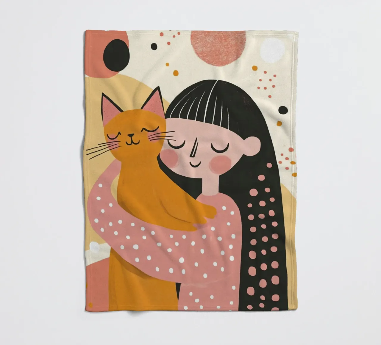 Whimsical Mid-Century Girl with Orange Cat in Pastel Pink fleece blanket by Modern Muse