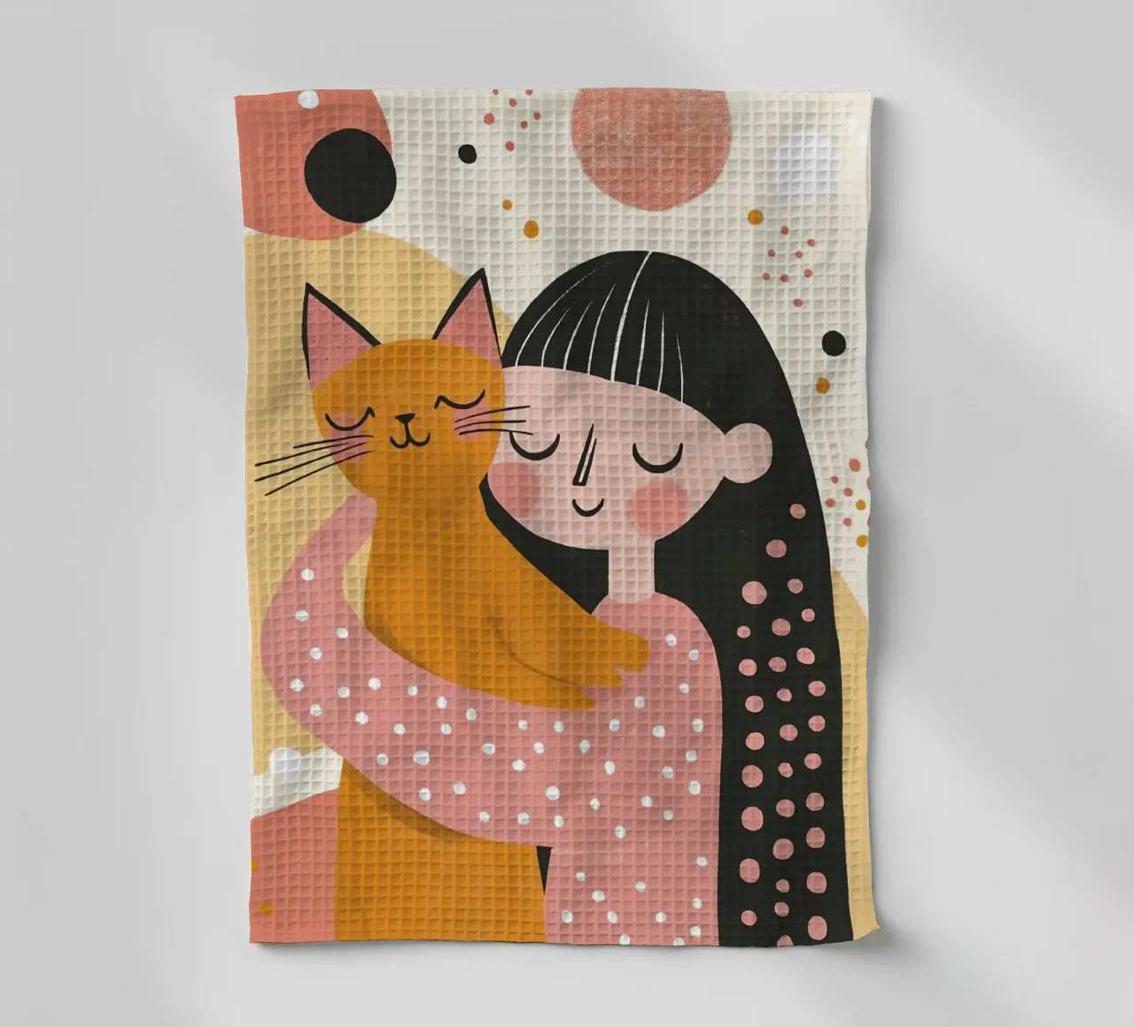 Chica caprichosa de mediados de siglo con gato naranja en rosa pastel paño de cocina de Modern Muse