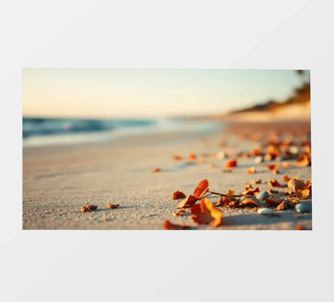Foglie d'autunno sparse sulla spiaggia sabbiosa al tramonto pellicola backlit da DesignDoodle