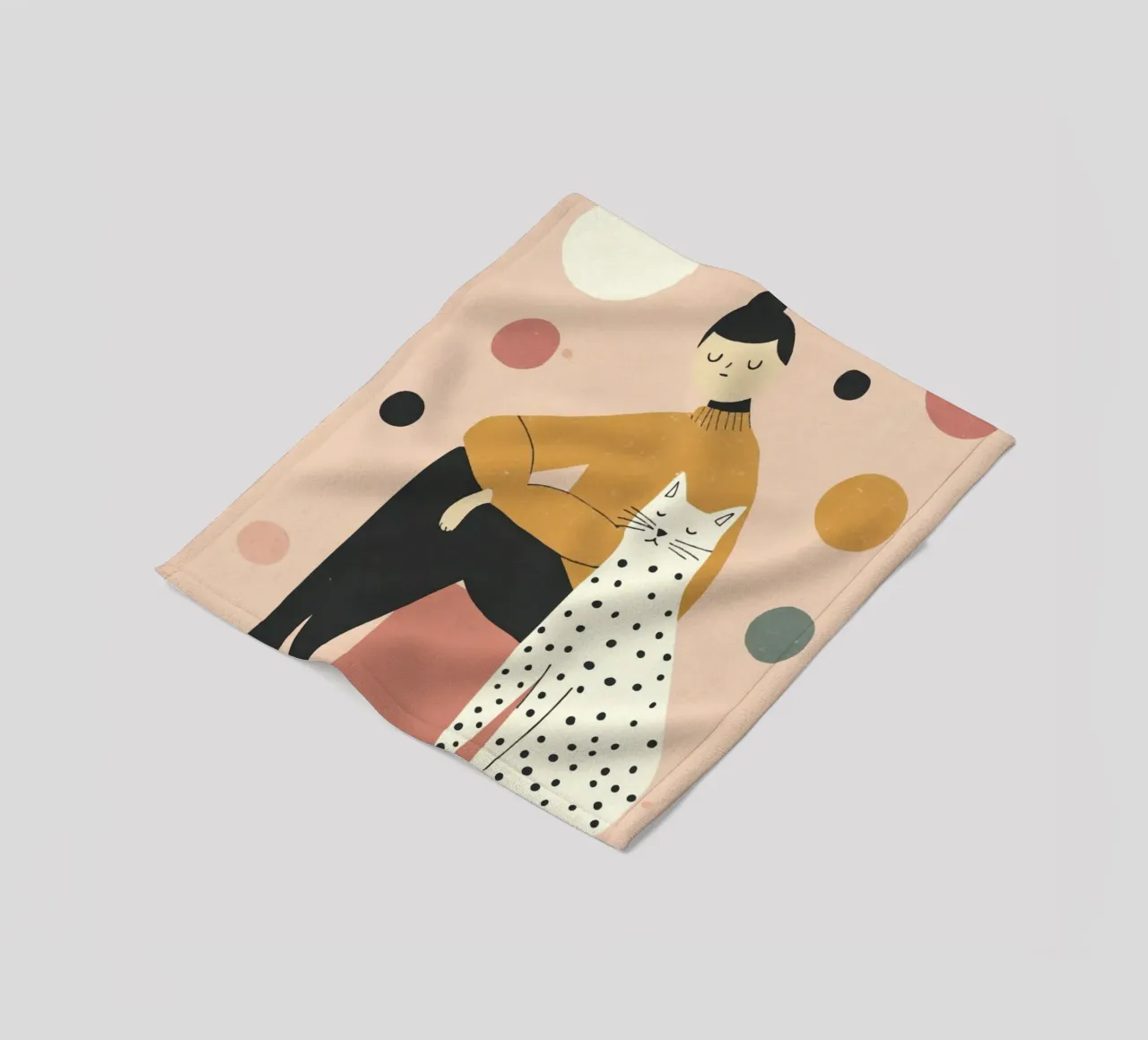 Ragazza stravagante di metà secolo con gatto bianco nero in rosa coperta in pile da Modern Muse