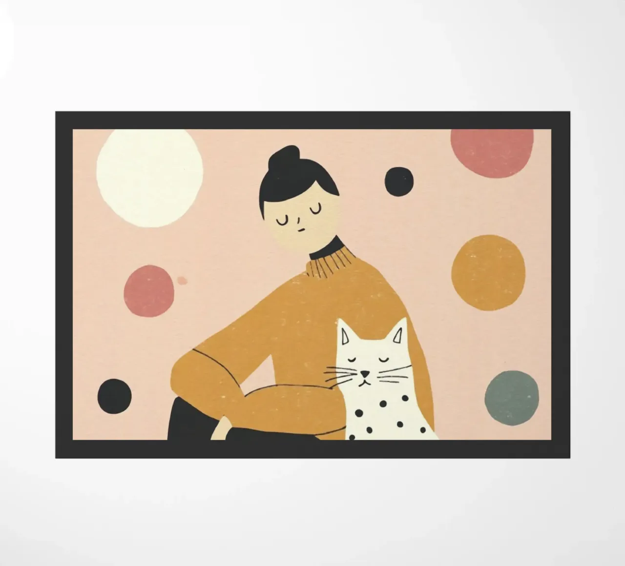 Ragazza stravagante di metà secolo con gatto bianco nero in rosa zerbino da Modern Muse