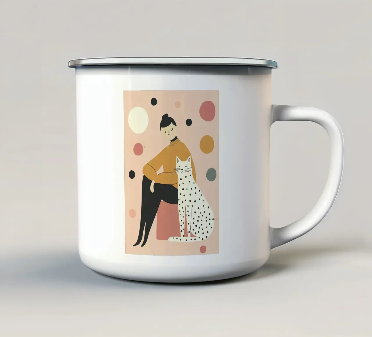 Ragazza stravagante di metà secolo con gatto bianco nero in rosa tazza in smalto da Modern Muse