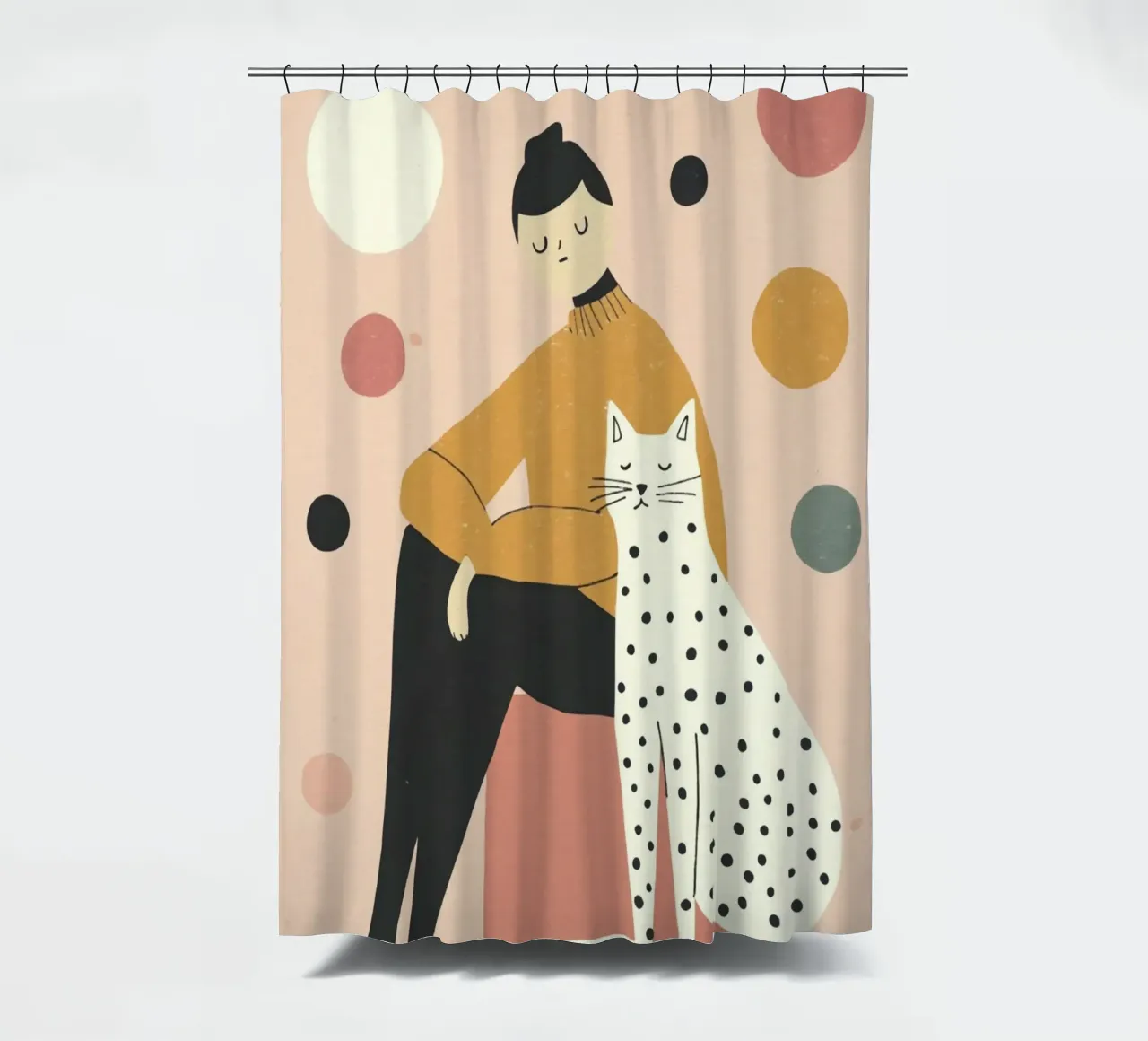 Ragazza stravagante di metà secolo con gatto bianco nero in rosa tenda da doccia da Modern Muse