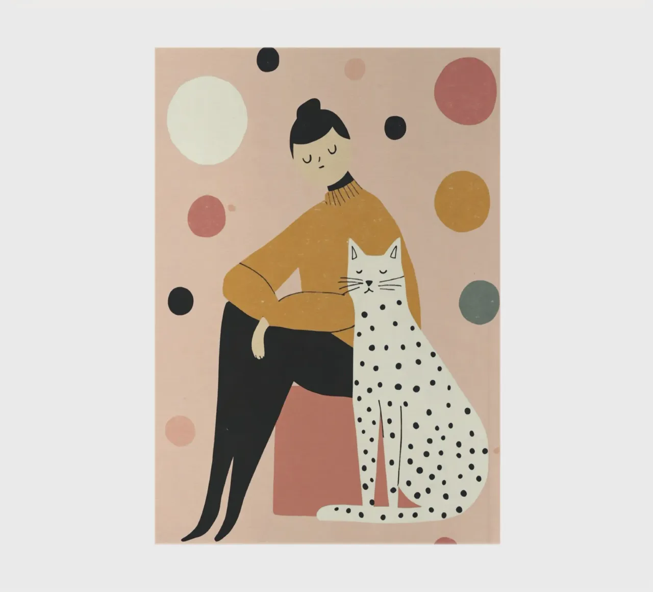 Fille fantaisiste du milieu du siècle avec chat blanc et noir en rose carnet de notes de Modern Muse
