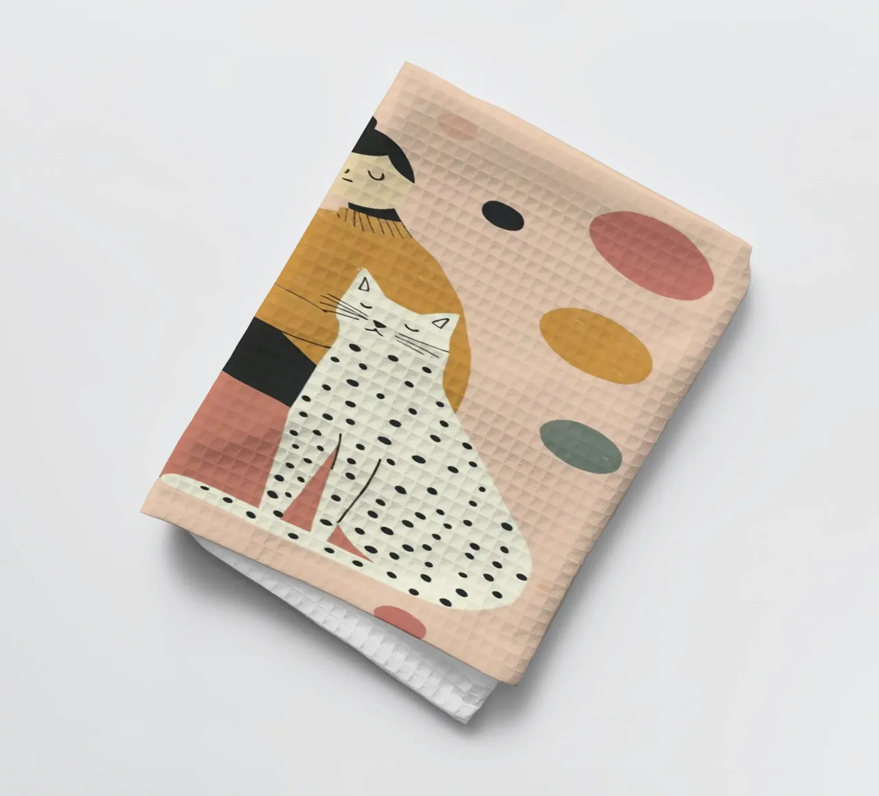 Ragazza stravagante di metà secolo con gatto bianco nero in rosa canovaccio da cucina da Modern Muse