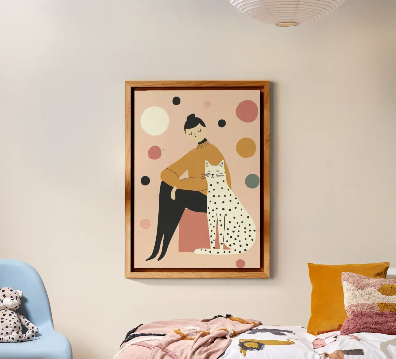 Ragazza stravagante di metà secolo con gatto bianco nero in rosa alluminio dibond da Modern Muse