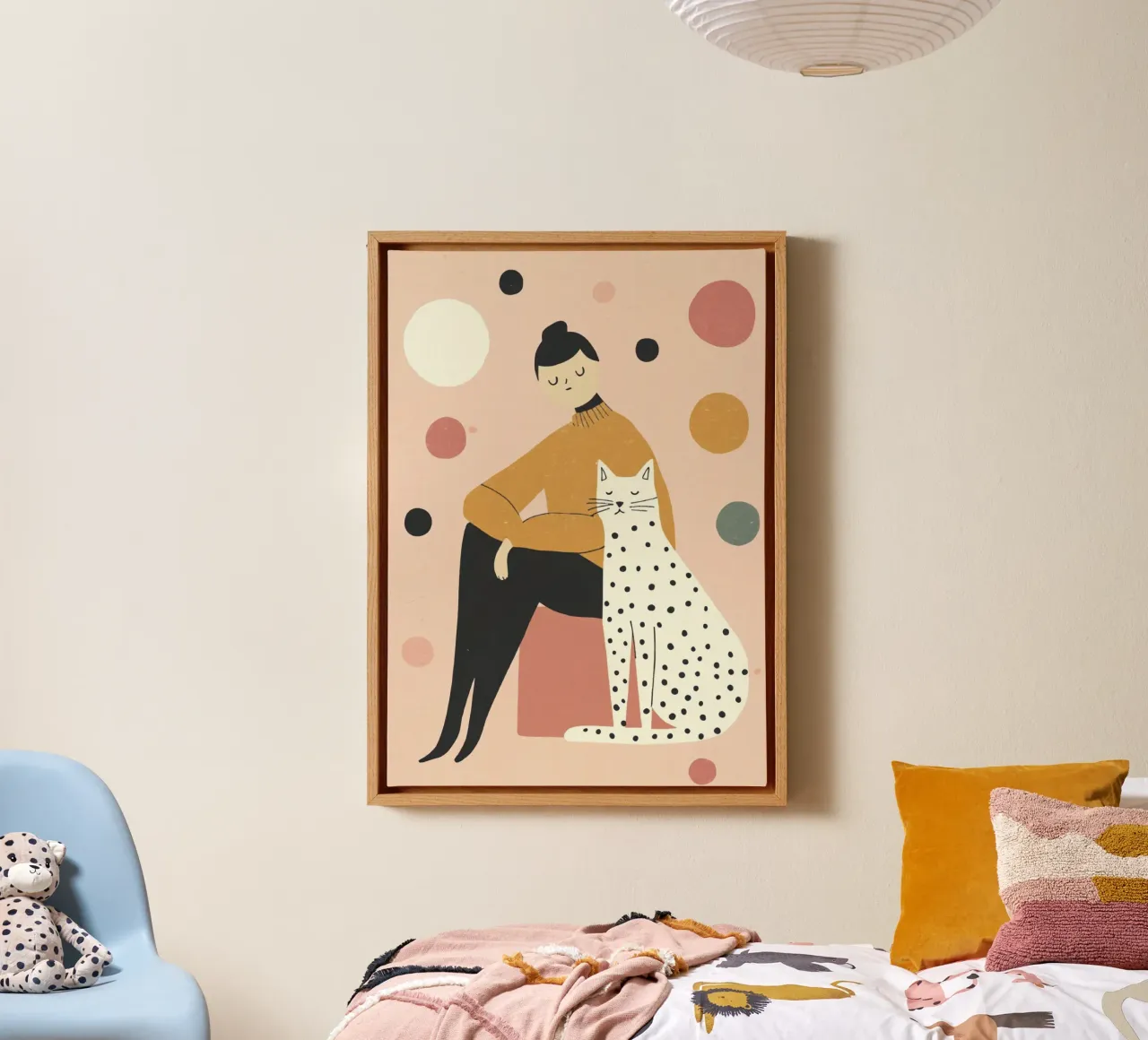 Ragazza stravagante di metà secolo con gatto bianco nero in rosa tela con Cornice a cassetta da Modern Muse
