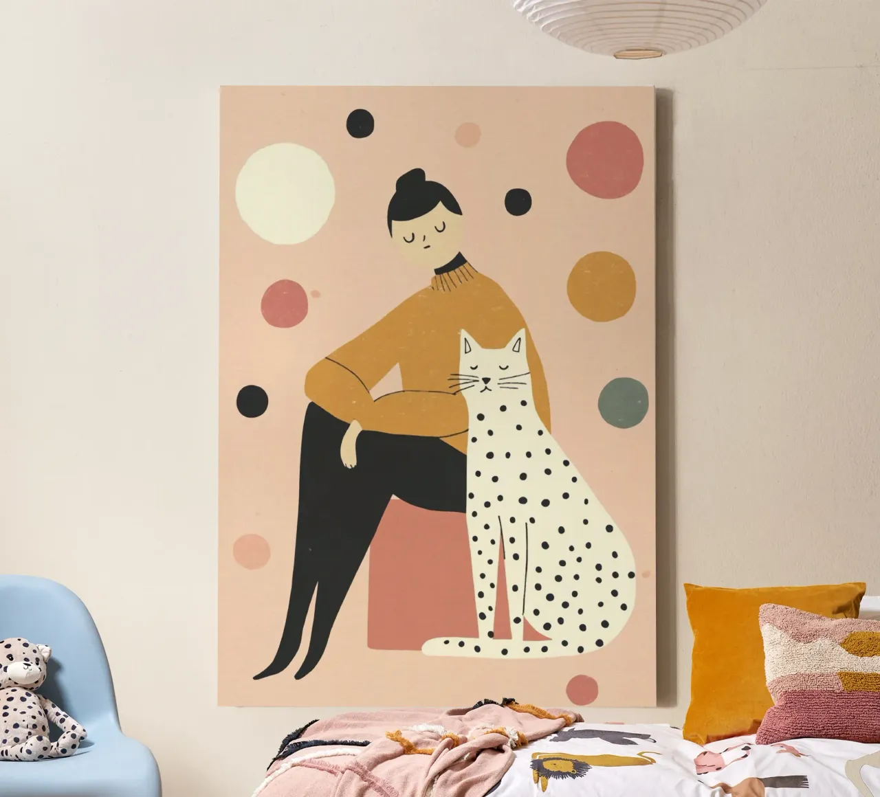 Ragazza stravagante di metà secolo con gatto bianco nero in rosa tela con Cornice a cassetta da Modern Muse