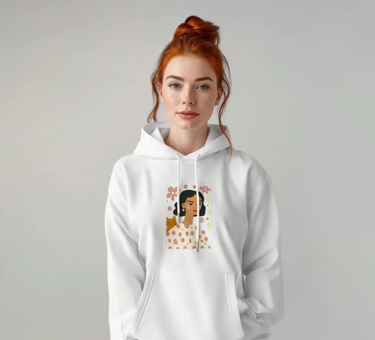 Ragazza stravagante di metà secolo con gatto arancione e fiore pastello felpa con cappuccio da Modern Muse