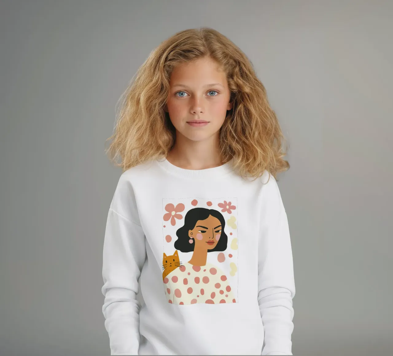 Ragazza stravagante di metà secolo con gatto arancione e fiore pastello felpa bambino da Modern Muse