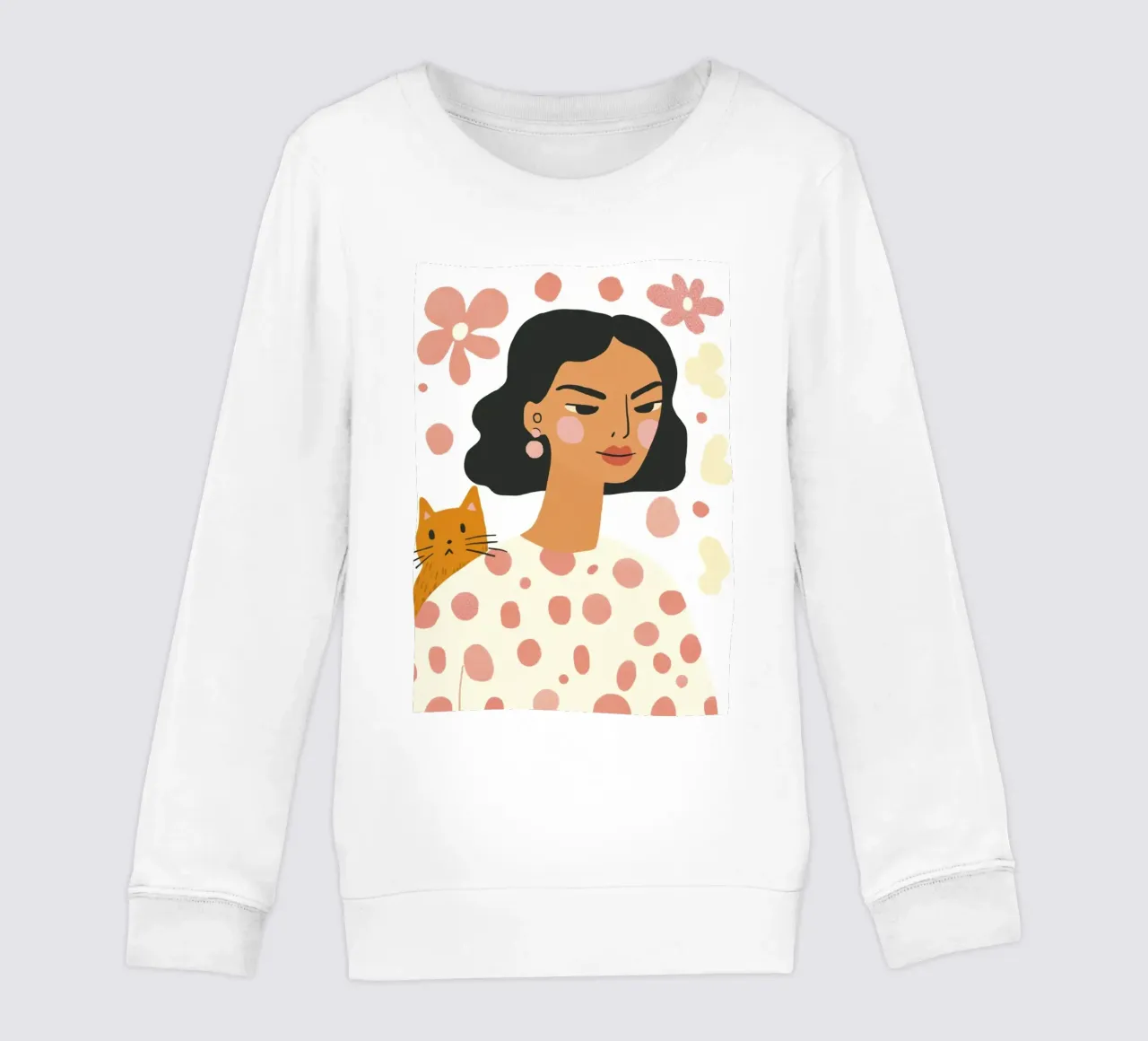 Ragazza stravagante di metà secolo con gatto arancione e fiore pastello felpa bambino da Modern Muse