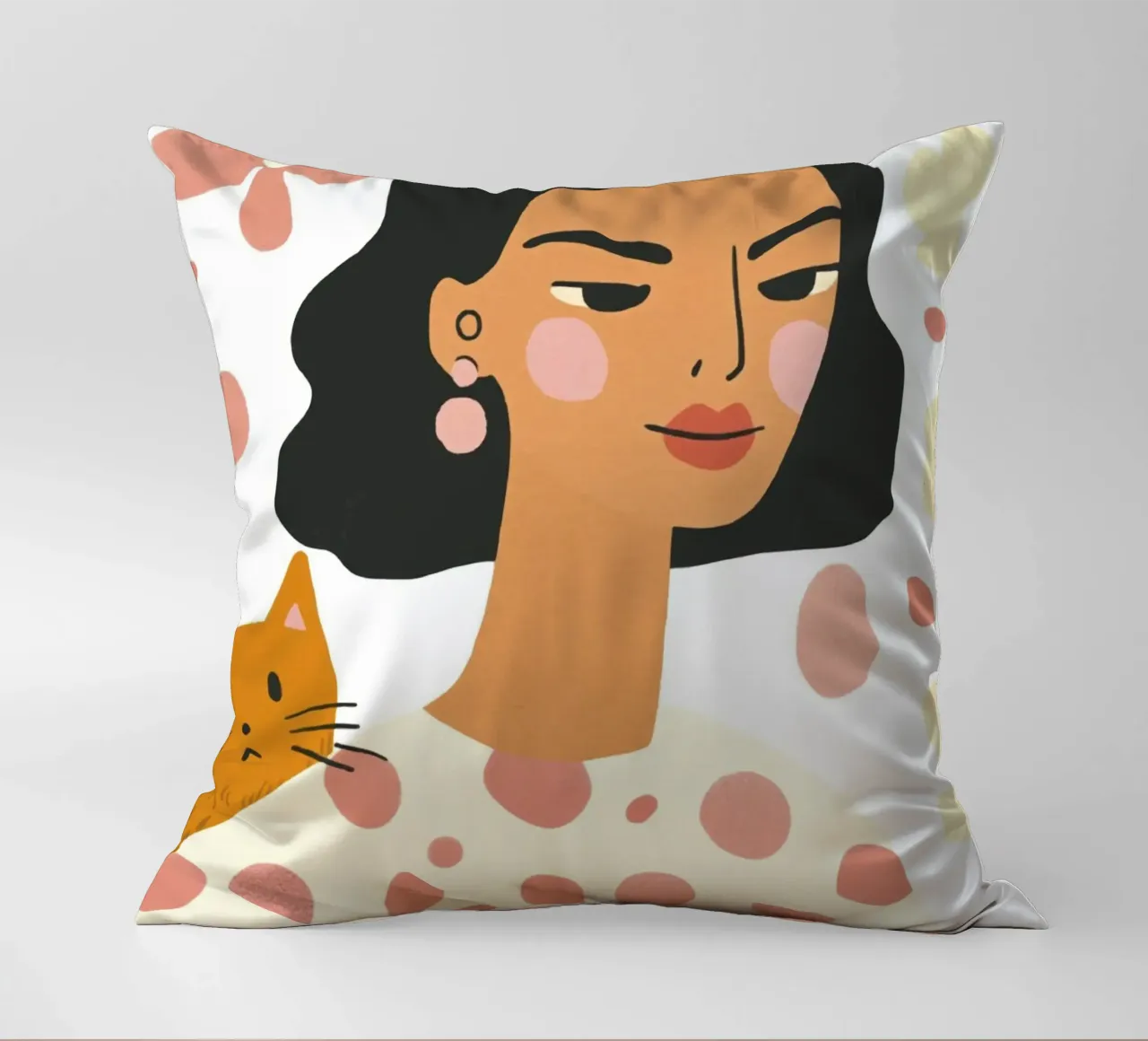 Whimsical Mid-Century Girl with Orange Cat and Pastel Flower decorative cushion by Modern Muse