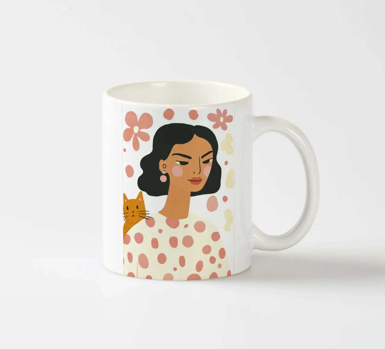 Ragazza stravagante di metà secolo con gatto arancione e fiore pastello tazza in ceramica da Modern Muse