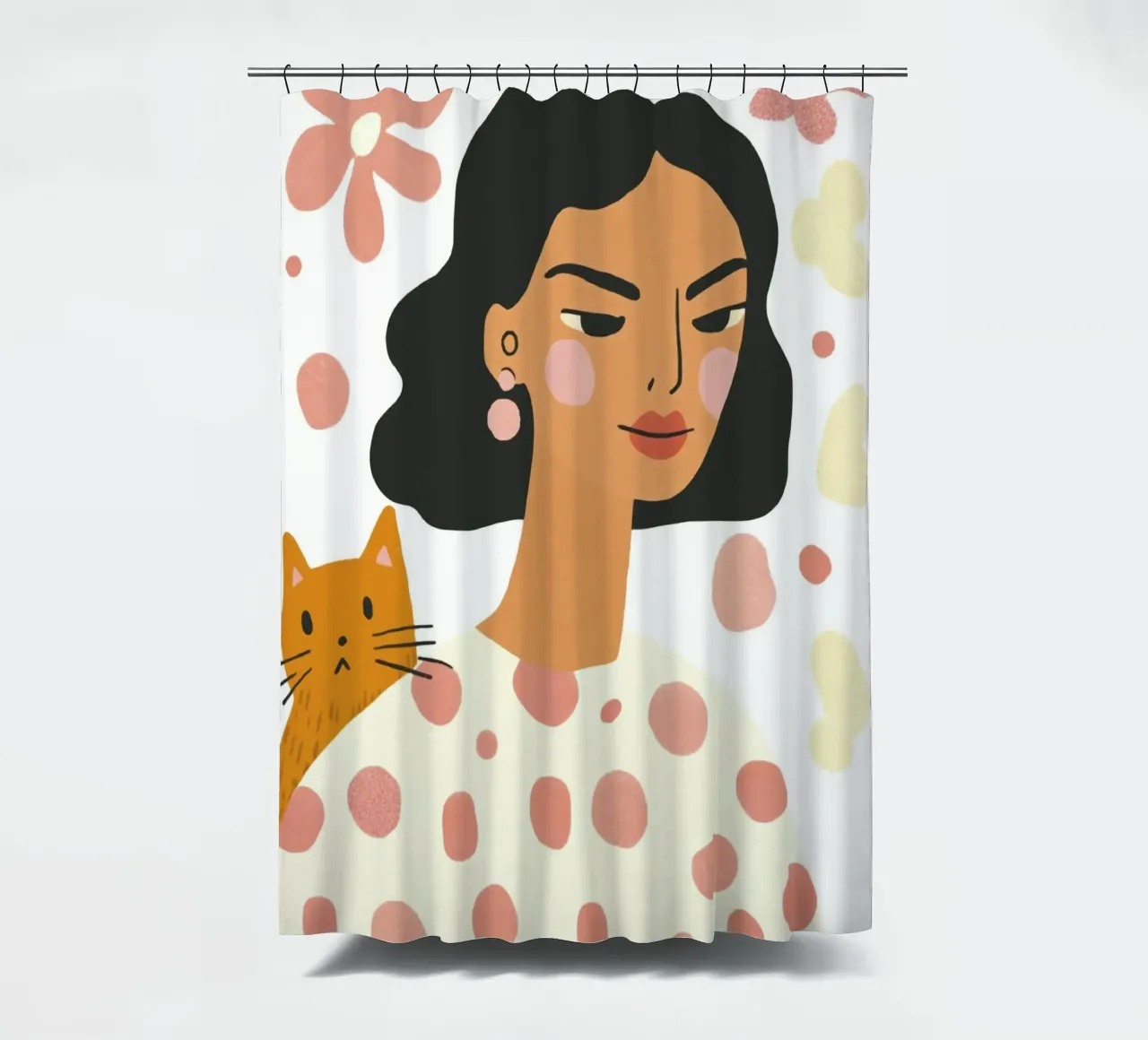 Whimsical Mid-Century Girl with Orange Cat and Pastel Flower shower curtain by Modern Muse