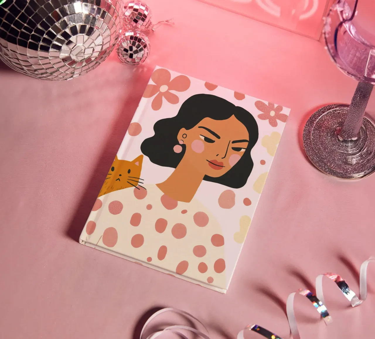 Whimsical Mid-Century Girl with Orange Cat and Pastel Flower notebook by Modern Muse
